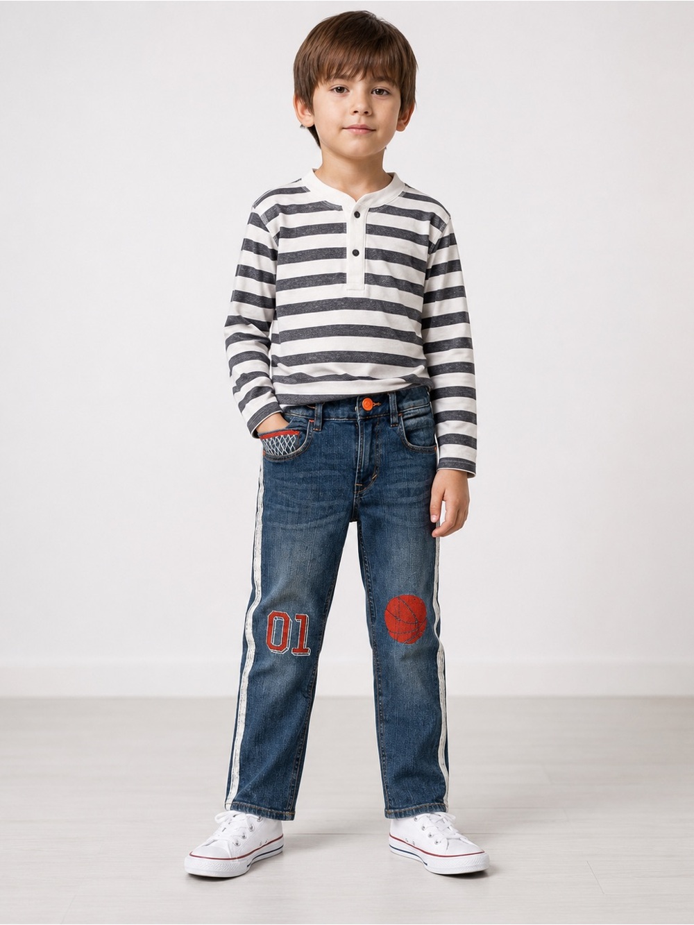 H&M Boys Basketball Patch Side Stripe Jeans Size 7-8Y